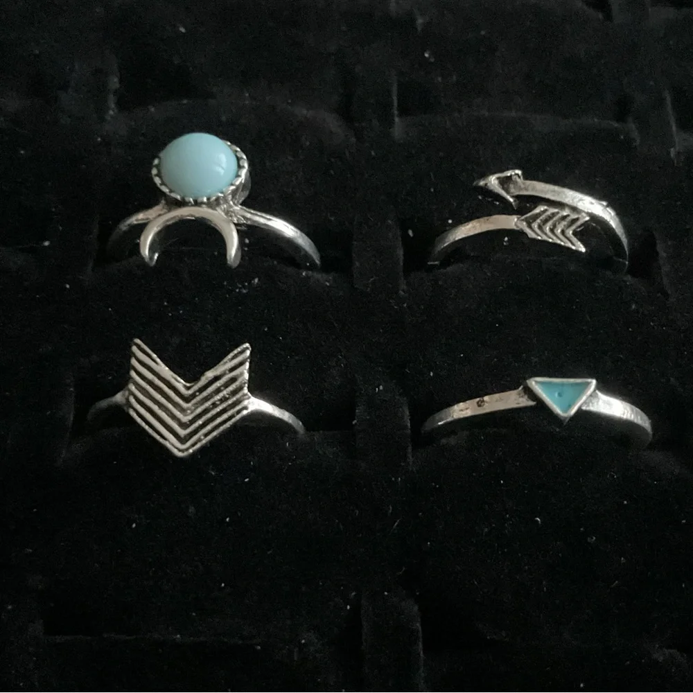 New x4 Silver Tone Rings Western Moon Arrow Synthetic Blue Turquoise Boho Set 4